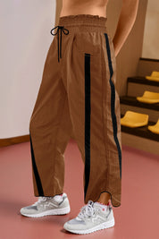 Women's Camel Drawstring Elastic Contrast Color Pants Fisoew