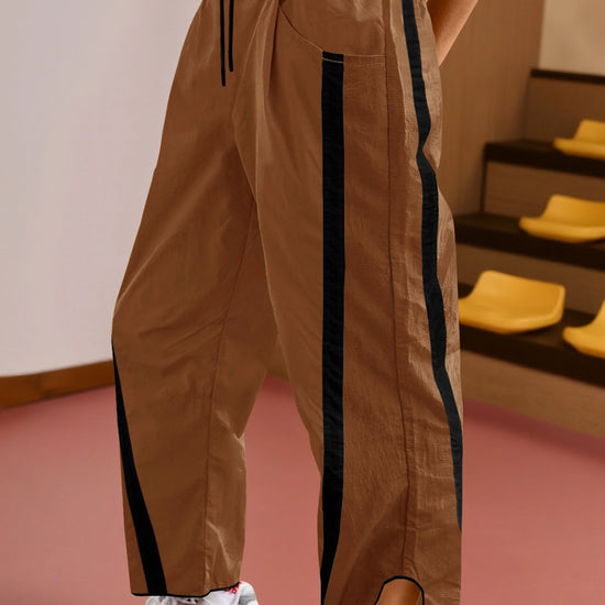 Women's Camel Drawstring Elastic Contrast Color Pants Fisoew - Fisoew