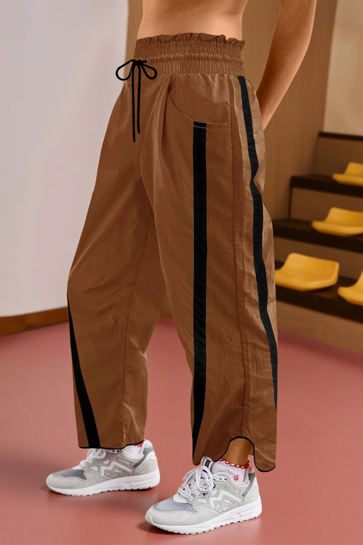 Women's Camel Drawstring Elastic Contrast Color Pants Fisoew - Fisoew