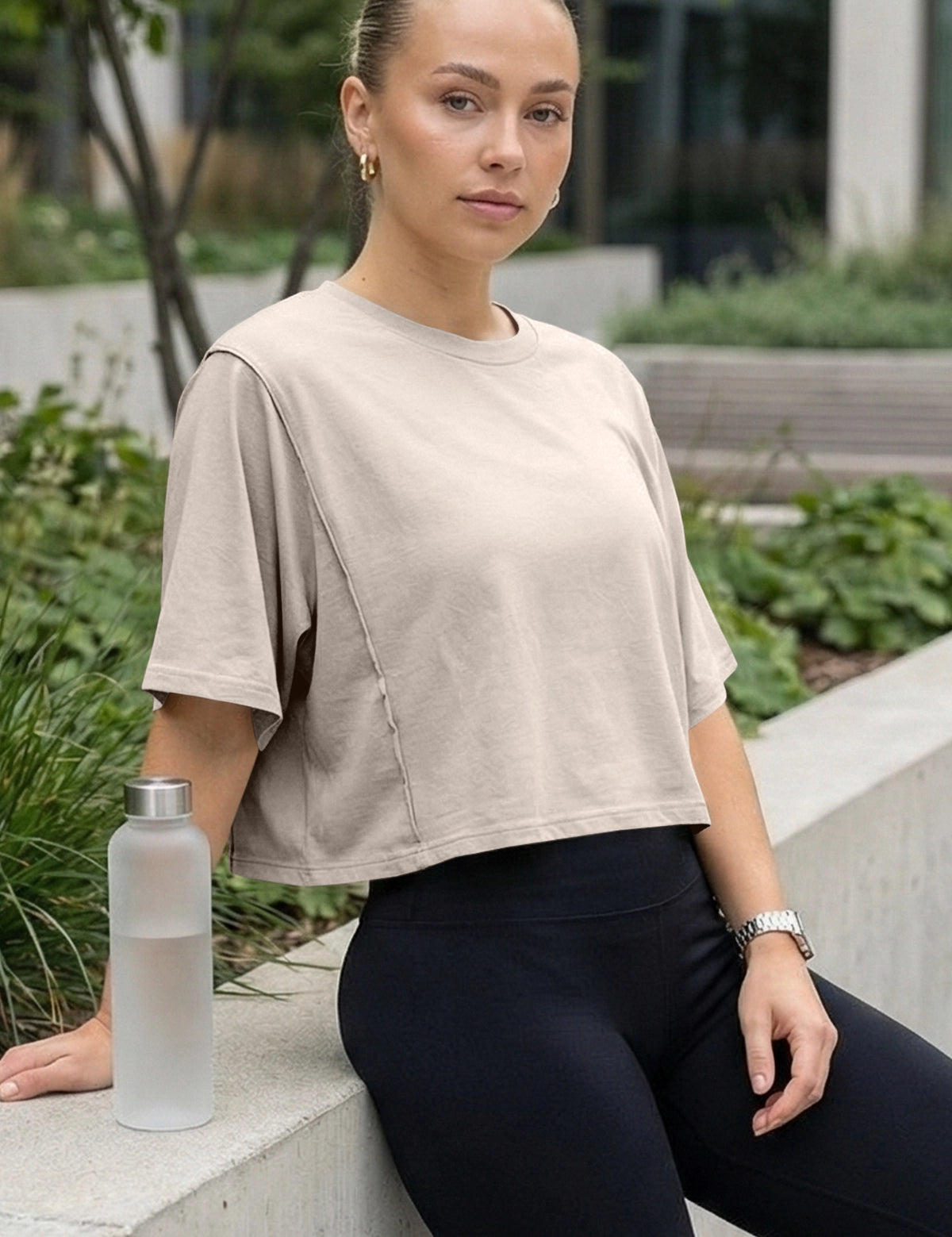 Fisoew Women's Khaki Oversized Crop Tops Summer T-Shirt - Fisoew