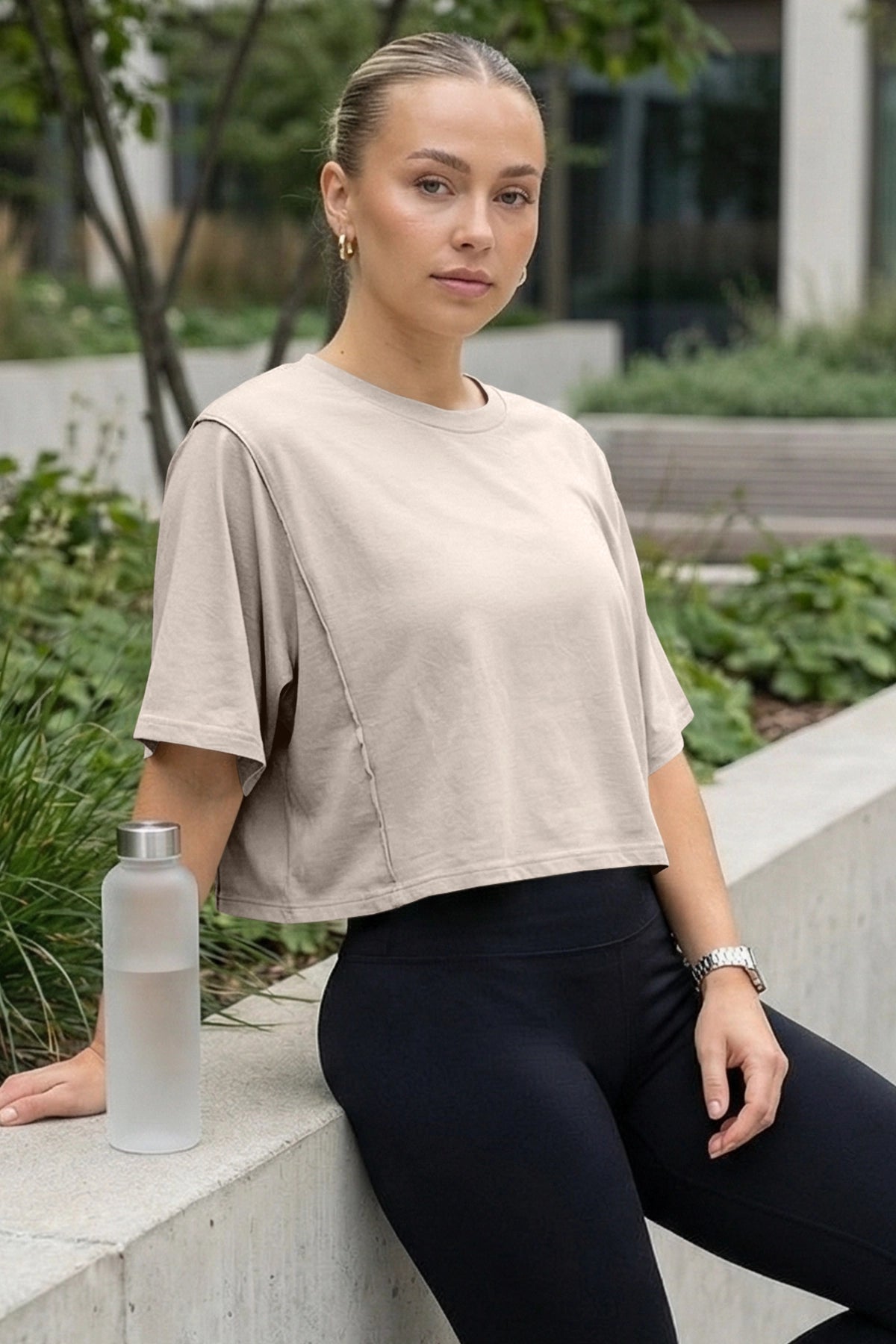Fisoew Women's Khaki Oversized Crop Tops Summer T-Shirt - Fisoew