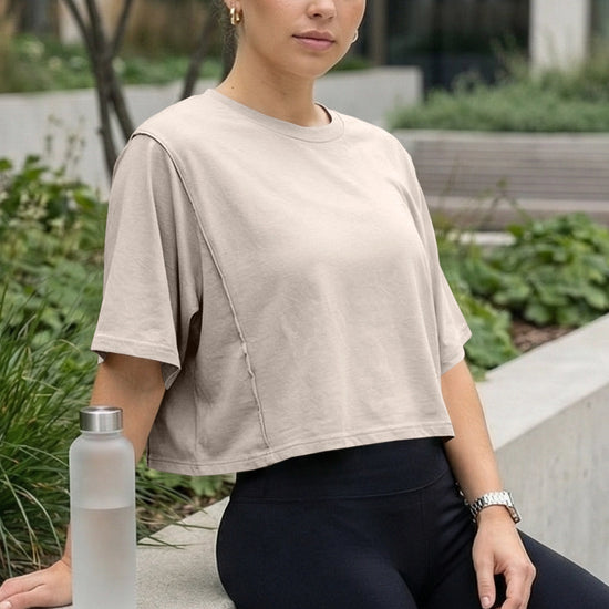 Fisoew Women's Khaki Oversized Crop Tops Summer T-Shirt - Fisoew