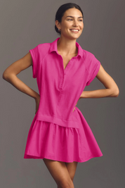 Fisoew Women's Bright Pink Oversized Patchwork Mini Dress