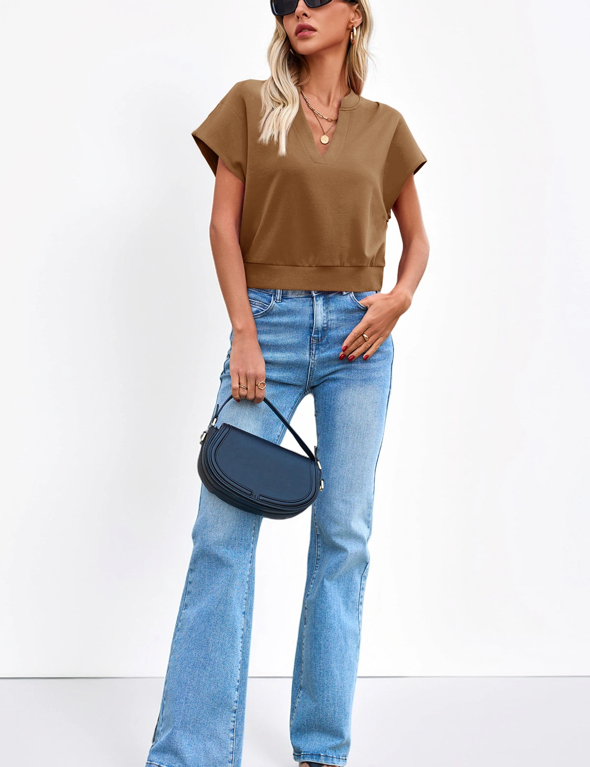 Fisoew Women's Brown V Neck Cap Sleeve Casual Loose Fit T Shirts - Fisoew