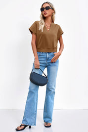 Fisoew Women's Brown V Neck Cap Sleeve Casual Loose Fit T Shirts - Fisoew