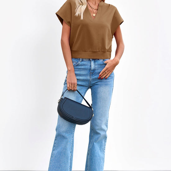 Fisoew Women's Brown V Neck Cap Sleeve Casual Loose Fit T Shirts - Fisoew