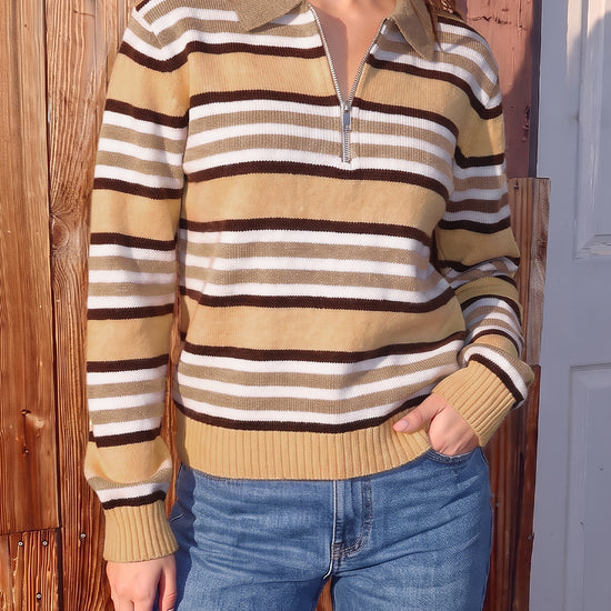 Quarter Zip Striped Long Sleeve Pullover - Fisoew