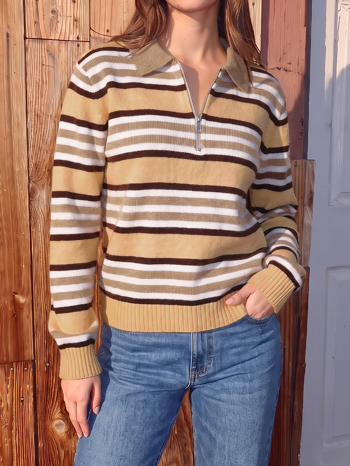 Quarter Zip Striped Long Sleeve Pullover - Fisoew