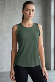 Fisoew Women's Army Green Ruffle Sleeveless  Black Racerback Workout Tank Tops - Fisoew