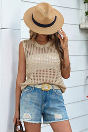 Fisoew Women's Beige Scoop Neck Crochet Boho Cover Ups - Fisoew