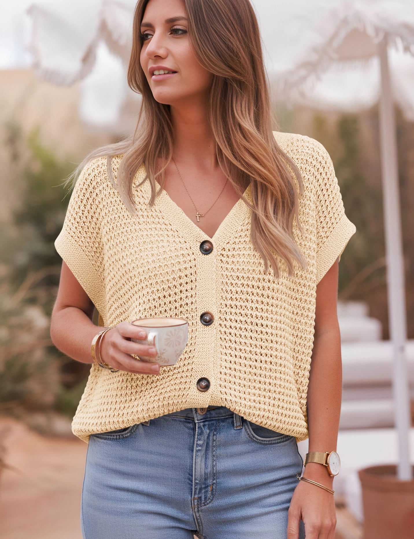 Fisoew Women's Apricot Short Sleeve Crochet Cardigans Sweater Cover Ups - Fisoew