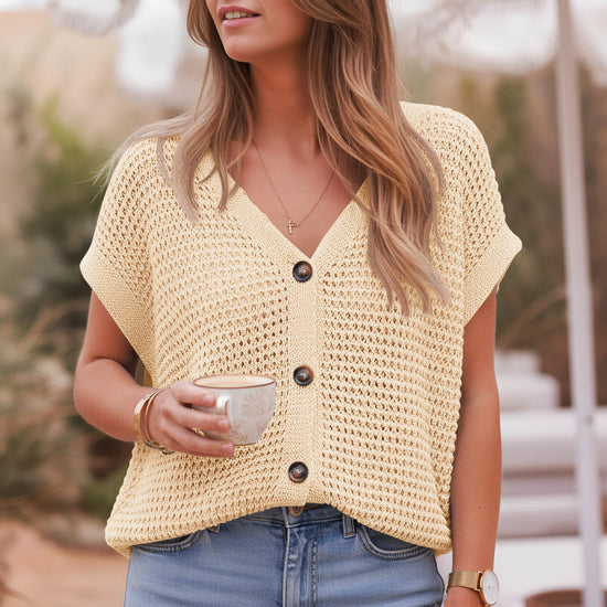 Fisoew Women's Apricot Short Sleeve Crochet Cardigans Sweater Cover Ups - Fisoew