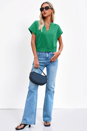 Fisoew Women's Green V Neck Cap Sleeve Casual Loose Fit T Shirts - Fisoew