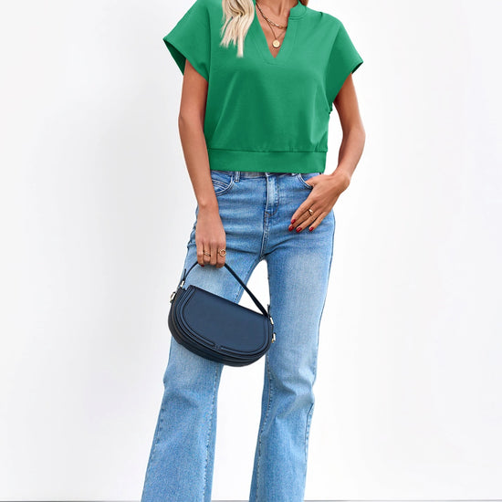 Fisoew Women's Green V Neck Cap Sleeve Casual Loose Fit T Shirts - Fisoew