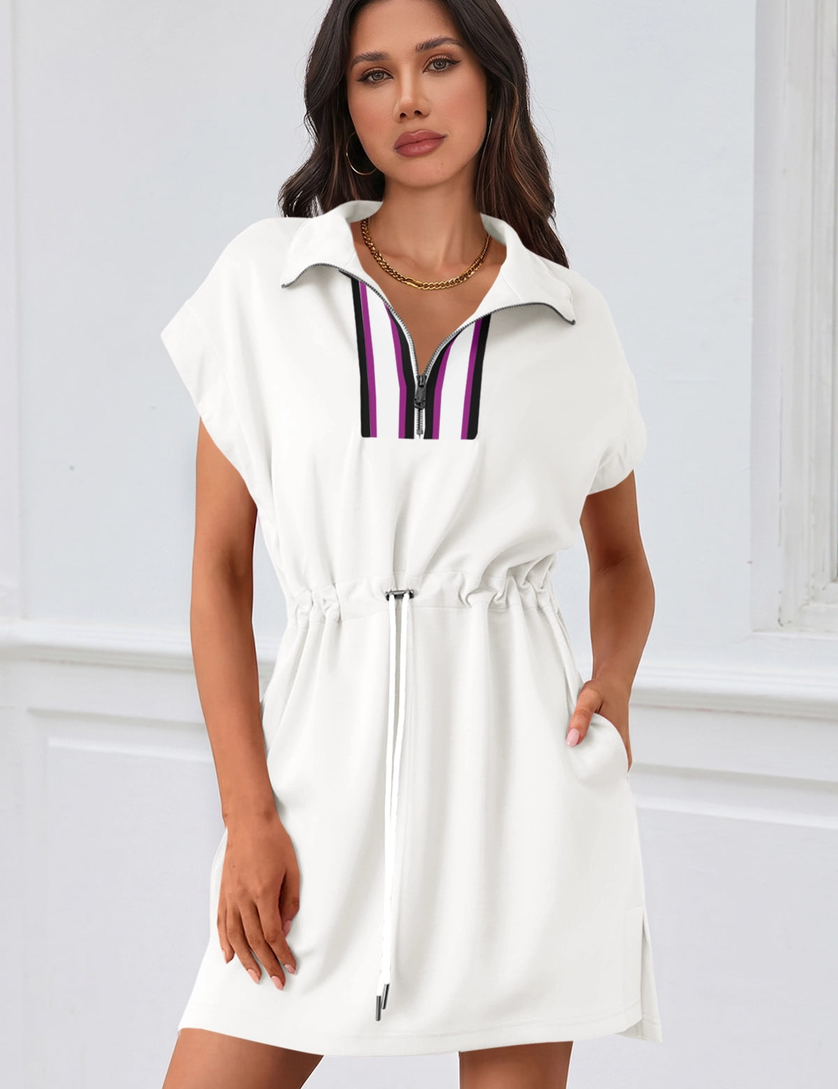Fisoew Women's White Short Sleeve V Neck Mini Dress - Fisoew
