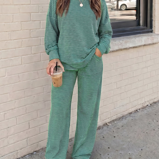 Striped Long Sleeve Top With Wide Leg Pants Set - Fisoew