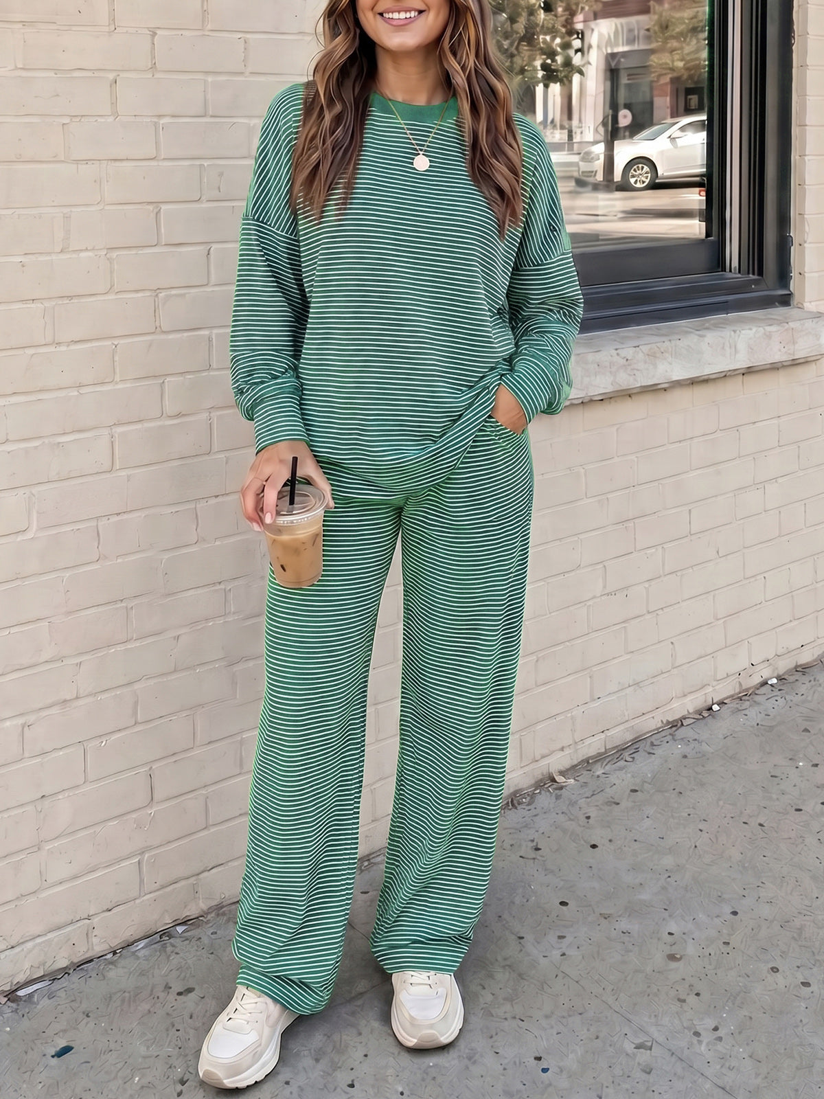 Striped Long Sleeve Top With Wide Leg Pants Set - Fisoew