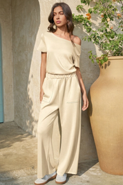 Womens Apricot Off-the-Shoulder Casual Wide Leg Jumpsuit Fisoew
