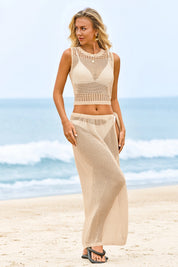 Fisoew Women's Apricot 2 Piece Sleeveless Crochet Swim Cover Ups - Fisoew