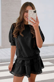 Womens Black Lace Trim Puff Sleeve Two Piece Skirt Set Fisoew