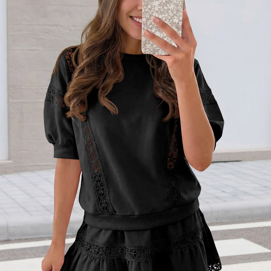 Womens Black Lace Trim Puff Sleeve Two Piece Skirt Set Fisoew - Fisoew