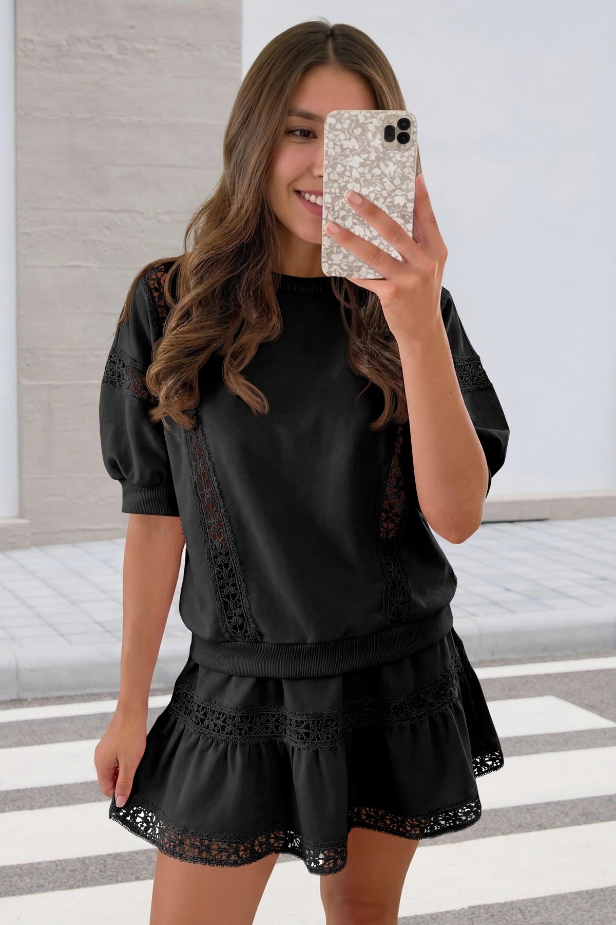 Womens Black Lace Trim Puff Sleeve Two Piece Skirt Set Fisoew - Fisoew