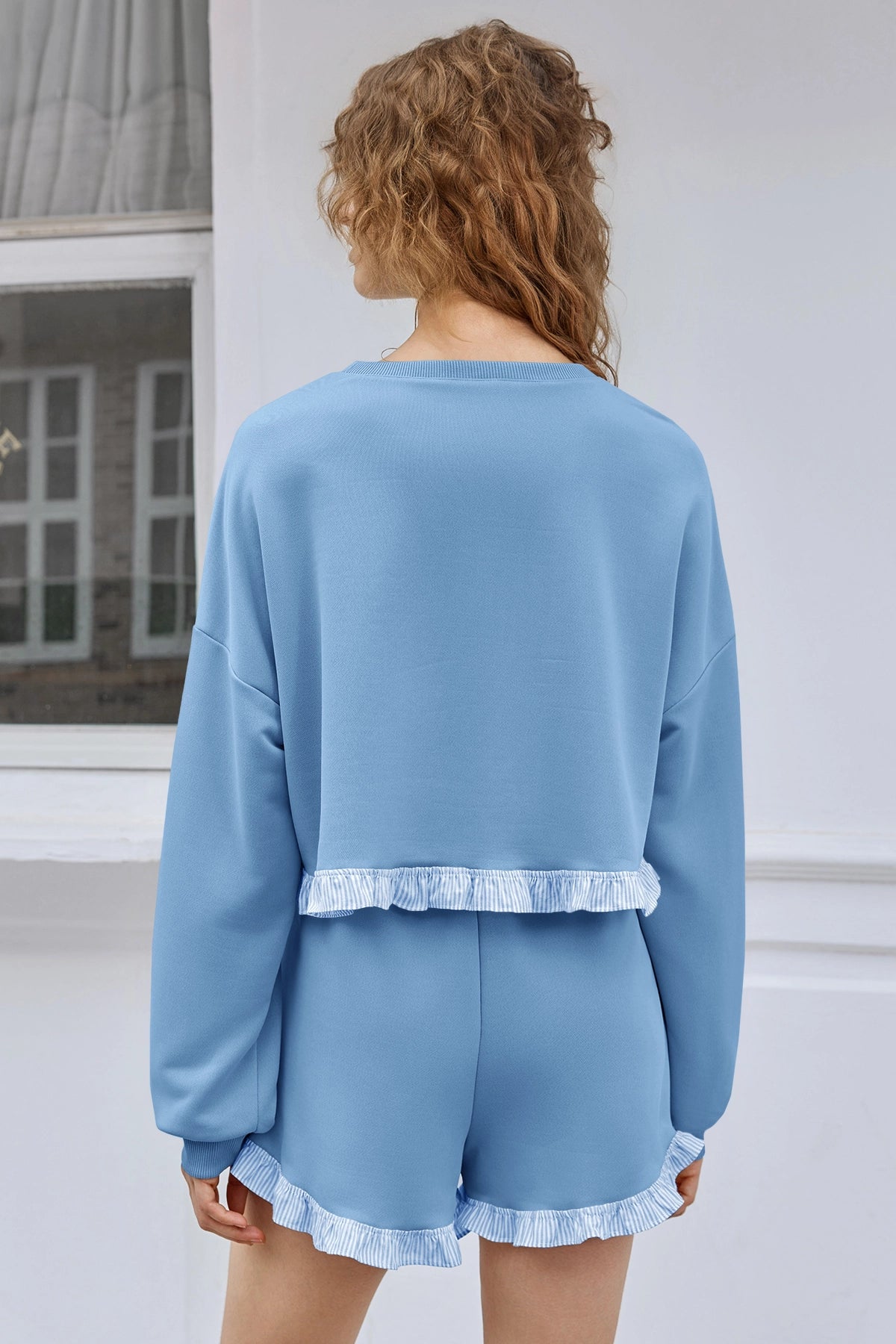 Women's Blue Color Block 2 Piece Lounge Sets Fisoew