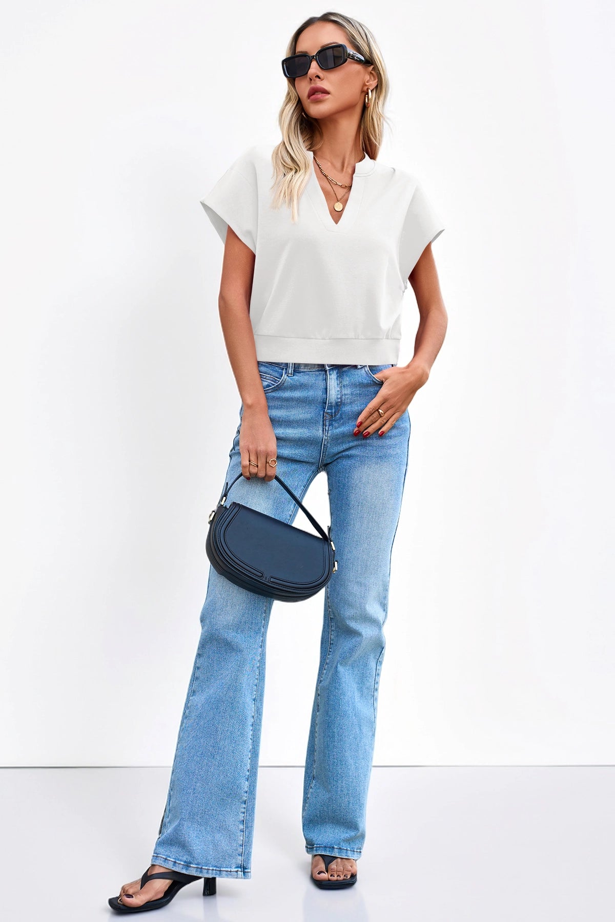 Fisoew Women's White V Neck Cap Sleeve Casual Loose Fit T Shirts - Fisoew