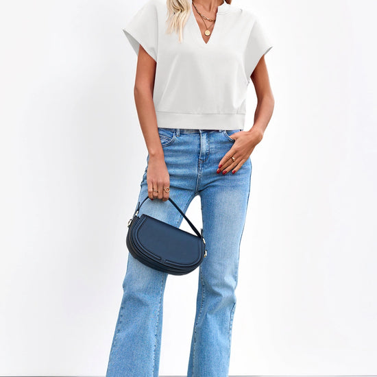 Fisoew Women's White V Neck Cap Sleeve Casual Loose Fit T Shirts - Fisoew