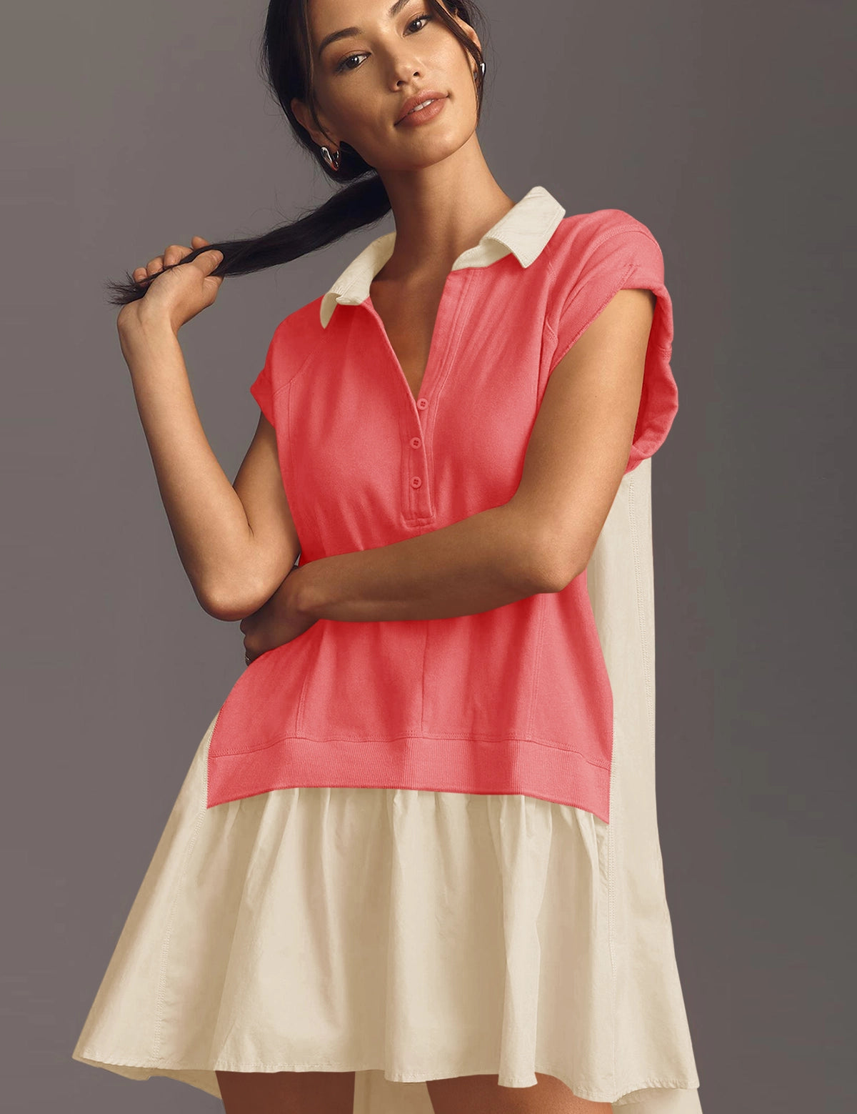 Fisoew Women's Watermelon Red Oversized Patchwork Mini Dress - Fisoew