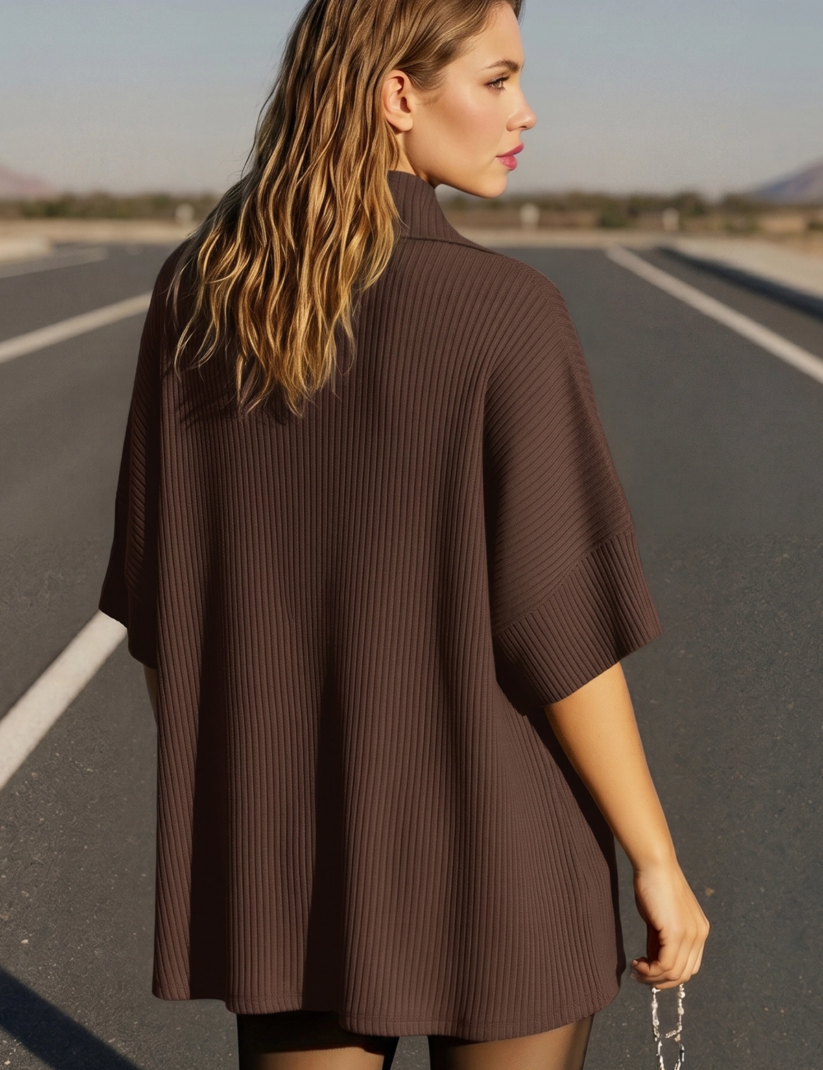 Fisoew Women's Brown Oversized Deep V Neck Sweatshirts - Fisoew