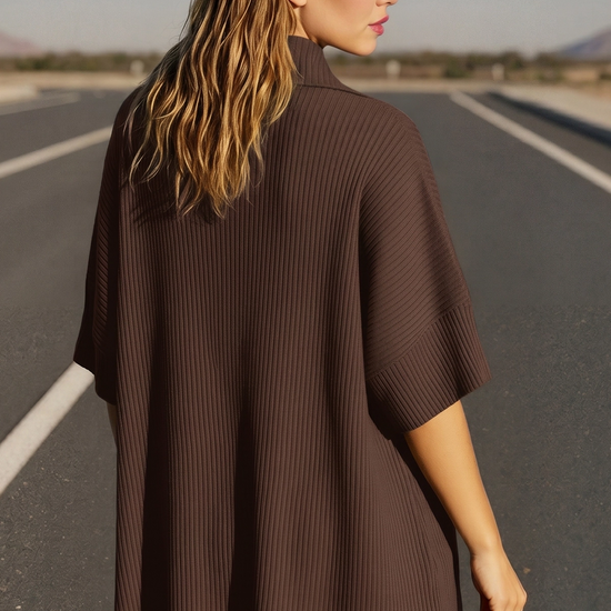 Fisoew Women's Brown Oversized Deep V Neck Sweatshirts - Fisoew