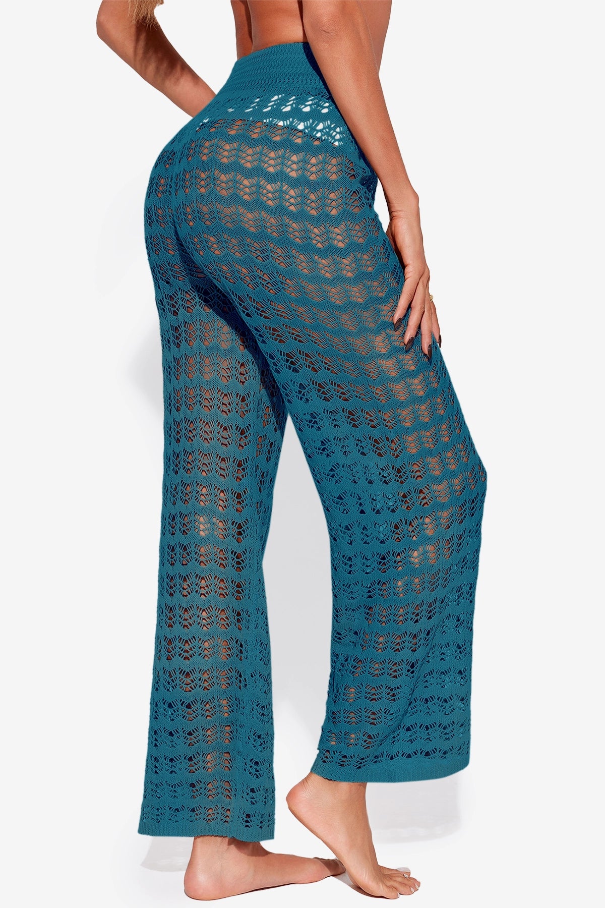 Fisoew Women‘s Navy Crochet Sheer Mesh Cover Up Pants - Fisoew