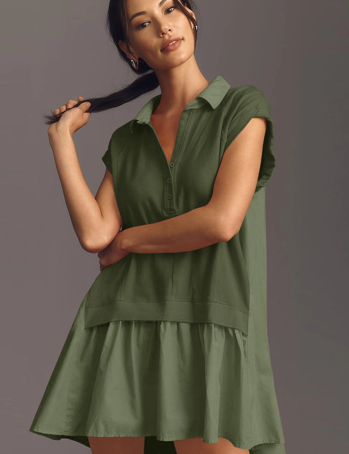 Fisoew Women's Army Green Oversized Patchwork Mini Dress - Fisoew