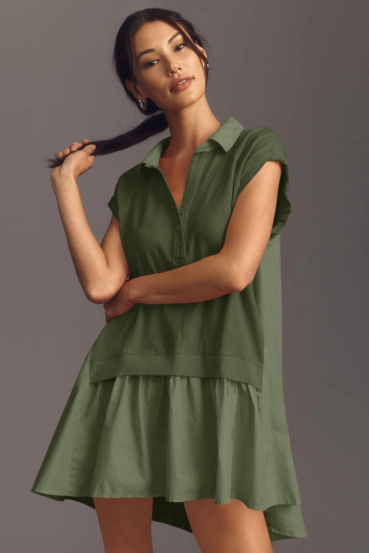 Fisoew Women's Army Green Oversized Patchwork Mini Dress - Fisoew