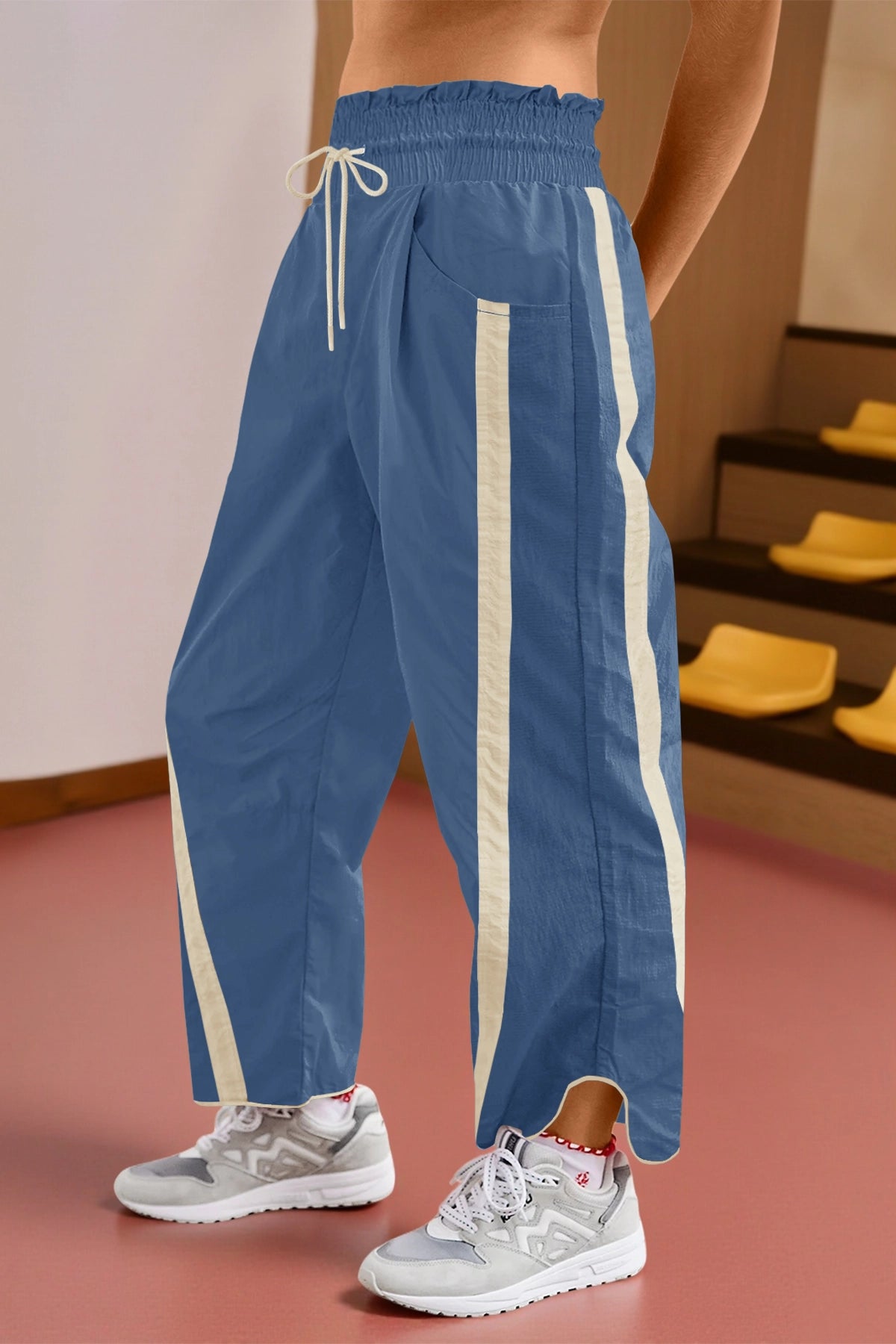 Women's Blue Drawstring Elastic Contrast Color Pants Fisoew - Fisoew