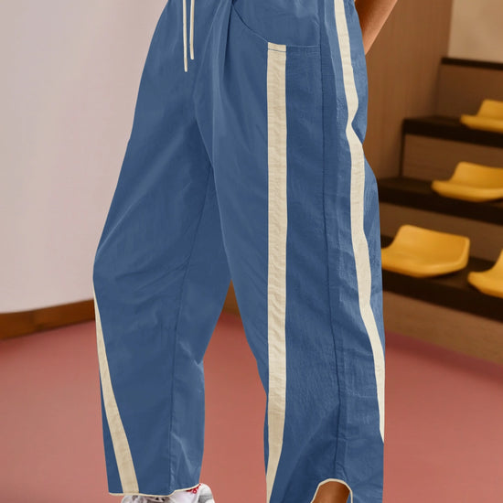 Women's Blue Drawstring Elastic Contrast Color Pants Fisoew - Fisoew