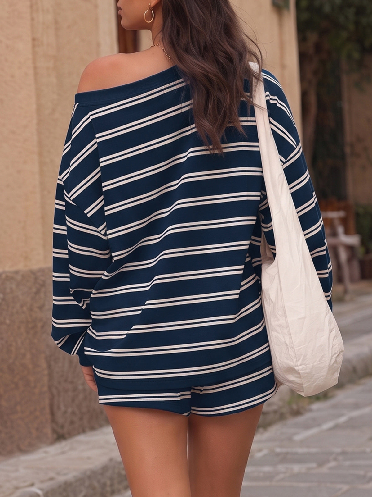 Striped Boat Neck Lounge With Short Sets - Fisoew