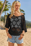 Womens Black Summer Short Sleeve Crochet Swimsuit Fisoew - Fisoew