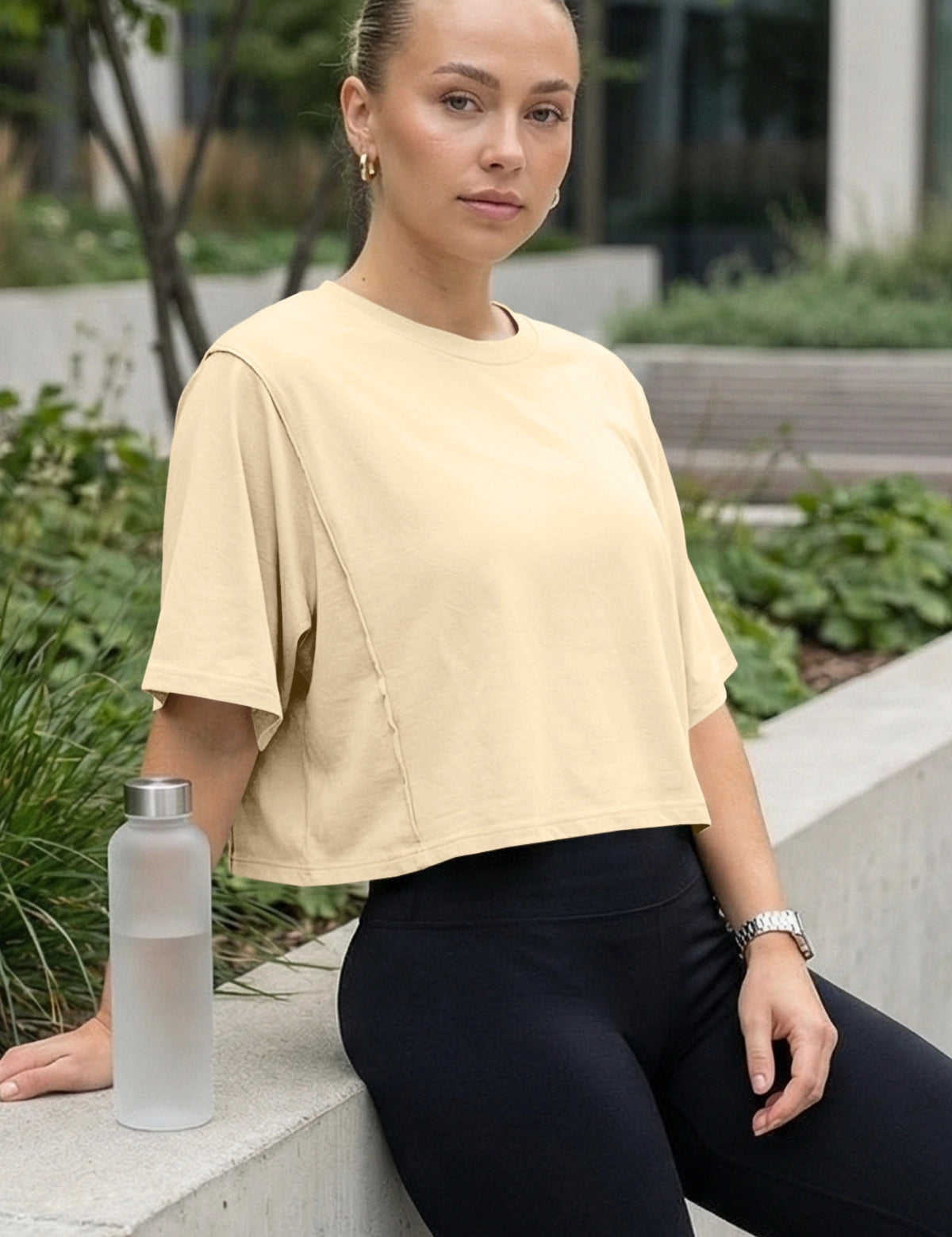 Fisoew Women's Beige Oversized Crop Tops Summer T-Shirt - Fisoew