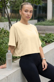 Fisoew Women's Beige Oversized Crop Tops Summer T-Shirt - Fisoew