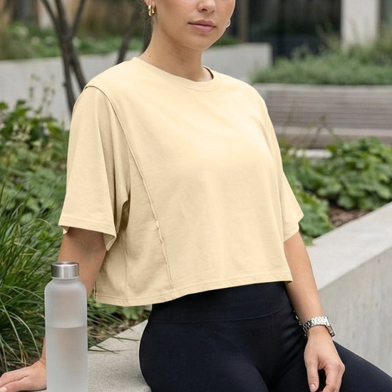 Fisoew Women's Beige Oversized Crop Tops Summer T-Shirt - Fisoew