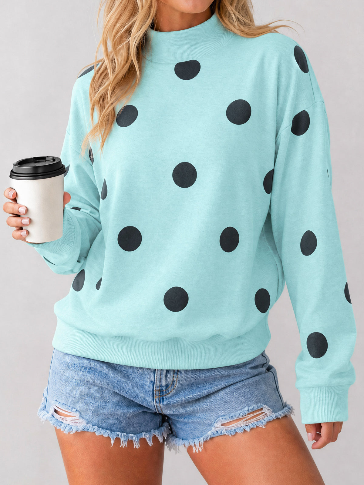 Mock Neck Long Sleeve Polka Dot Sweatshirts - Fisoew