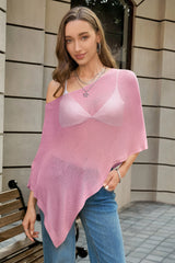 Fisoew Women's Pink Sheer Lightweight Knit  Poncho Top