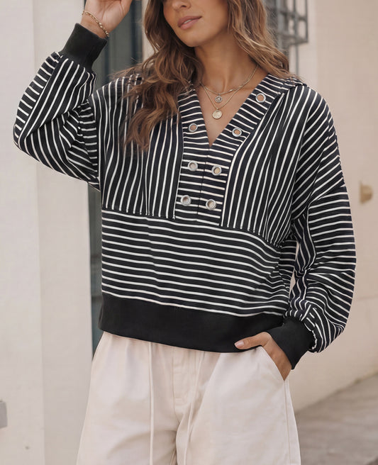 V Neck Striped Cropped Hoodies - Fisoew