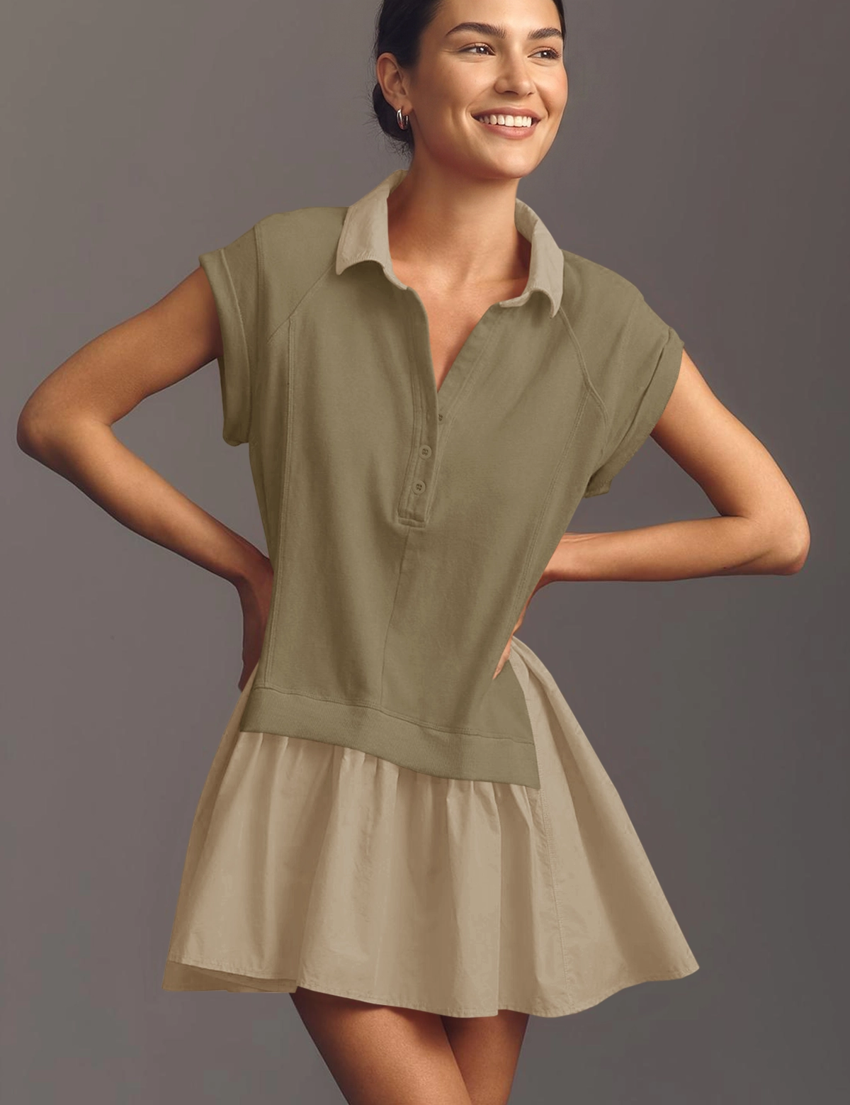 Fisoew Women's Light Brown Oversized Patchwork Mini Dress - Fisoew