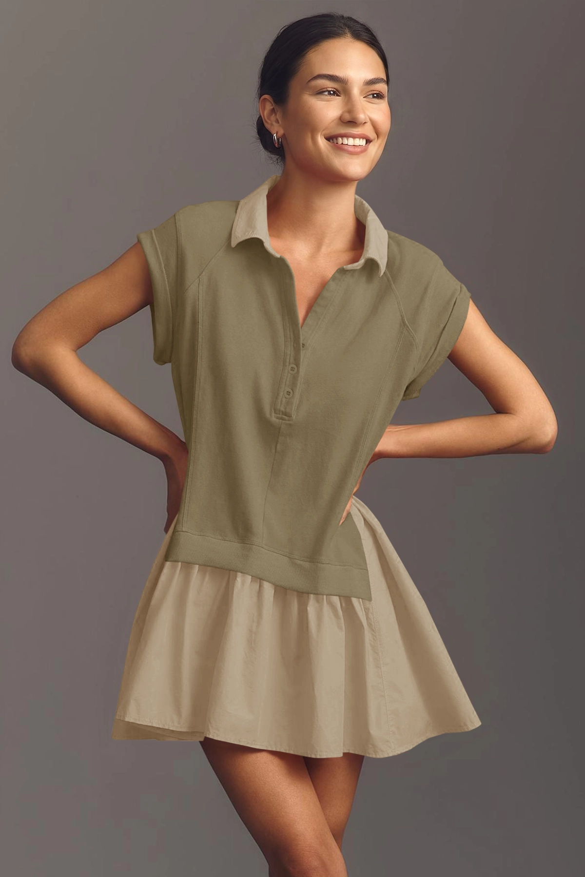 Fisoew Women's Light Brown Oversized Patchwork Mini Dress