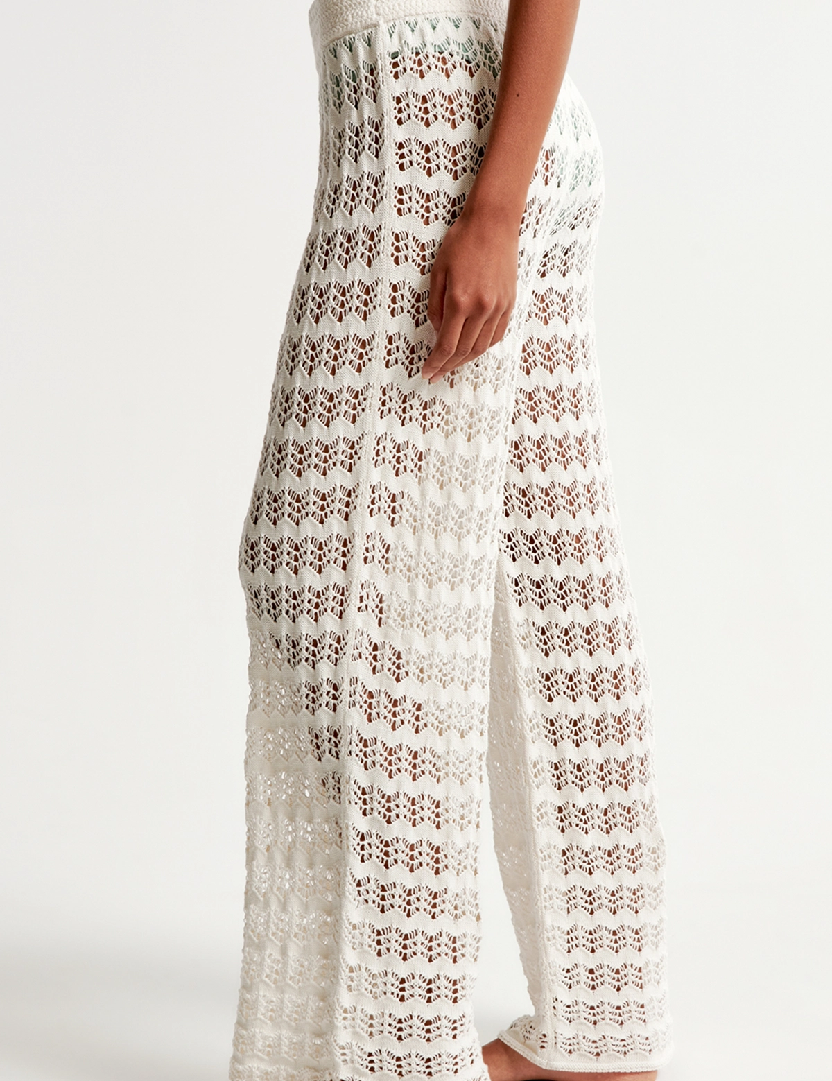 Fisoew Women‘s White Crochet Sheer Mesh Cover Up Pants - Fisoew