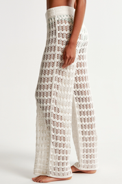 Fisoew Women‘s White Crochet Sheer Mesh Cover Up Pants - Fisoew
