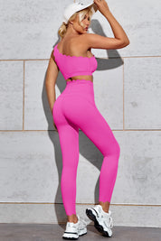 Fisoew Women's Pink High Waisted Leggings Workout Sets - Fisoew